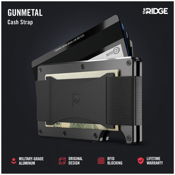 The Ridge Slim Wallet For Men RFID Blocking  Credit Card Holder  Aluminum Metal  Wallets with Cash Strap (Gunmetal)