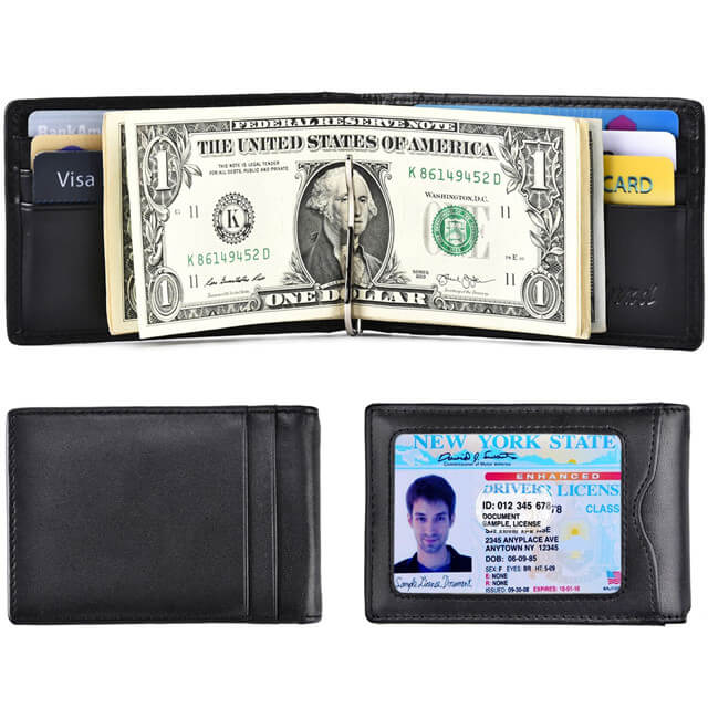 Genuine Leather Metal Money Spring Clip Horizontal Bifold Wallet Id Holder