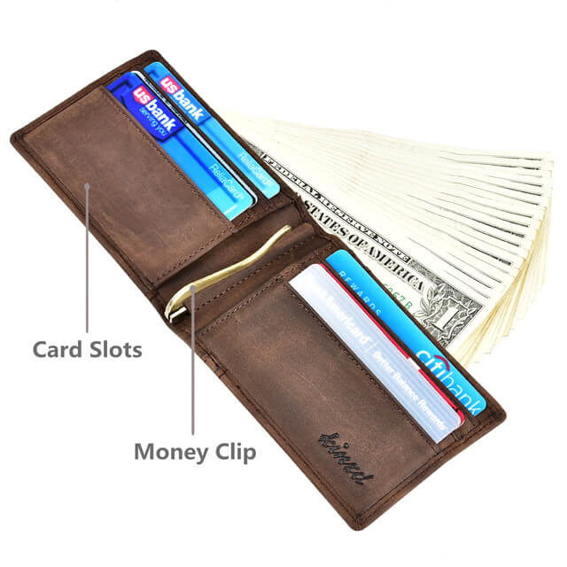 Men's Leather Slim Wallet, Bifold Wallet with Money Clip
